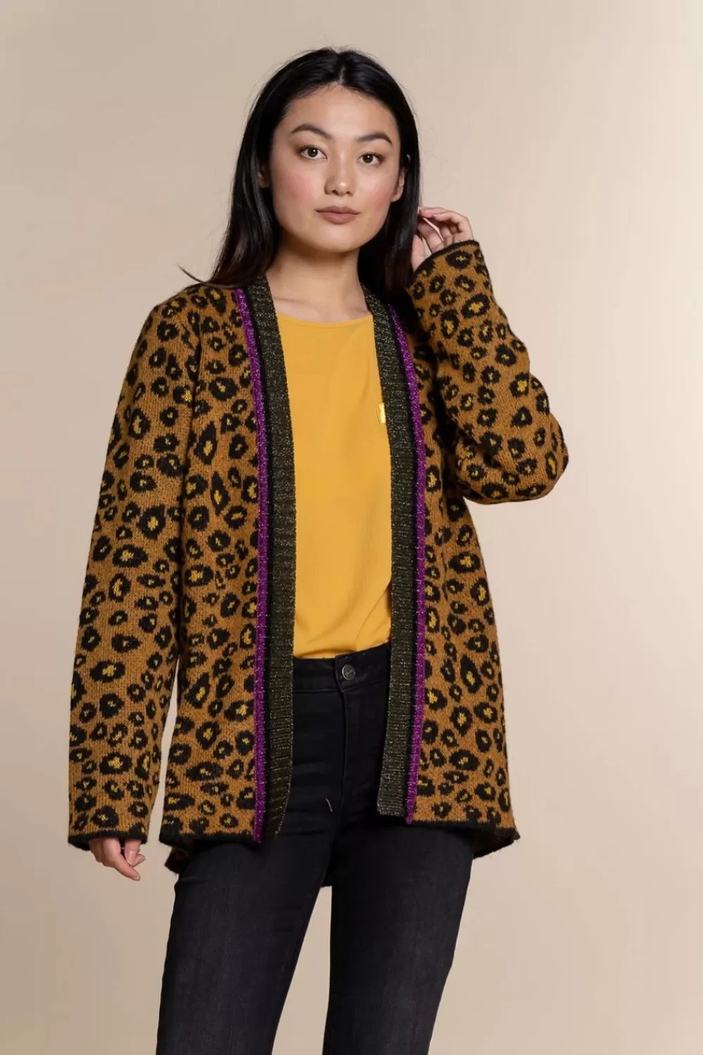 Geisha Fashion -Geisha Cardigan Leopard Print 94554-70 Mustard