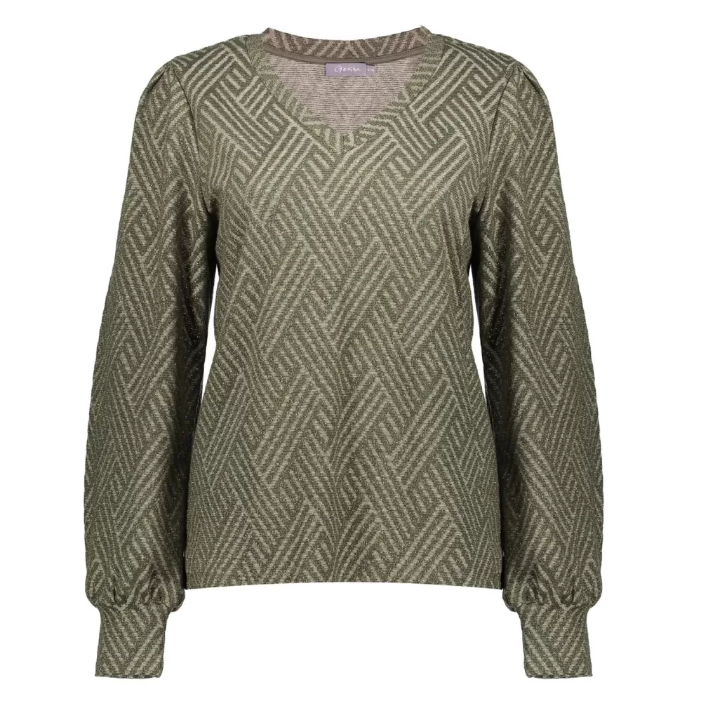 Geisha Fashion -Geisha Dames Lurex V-Hals Top 32851-47 Olive