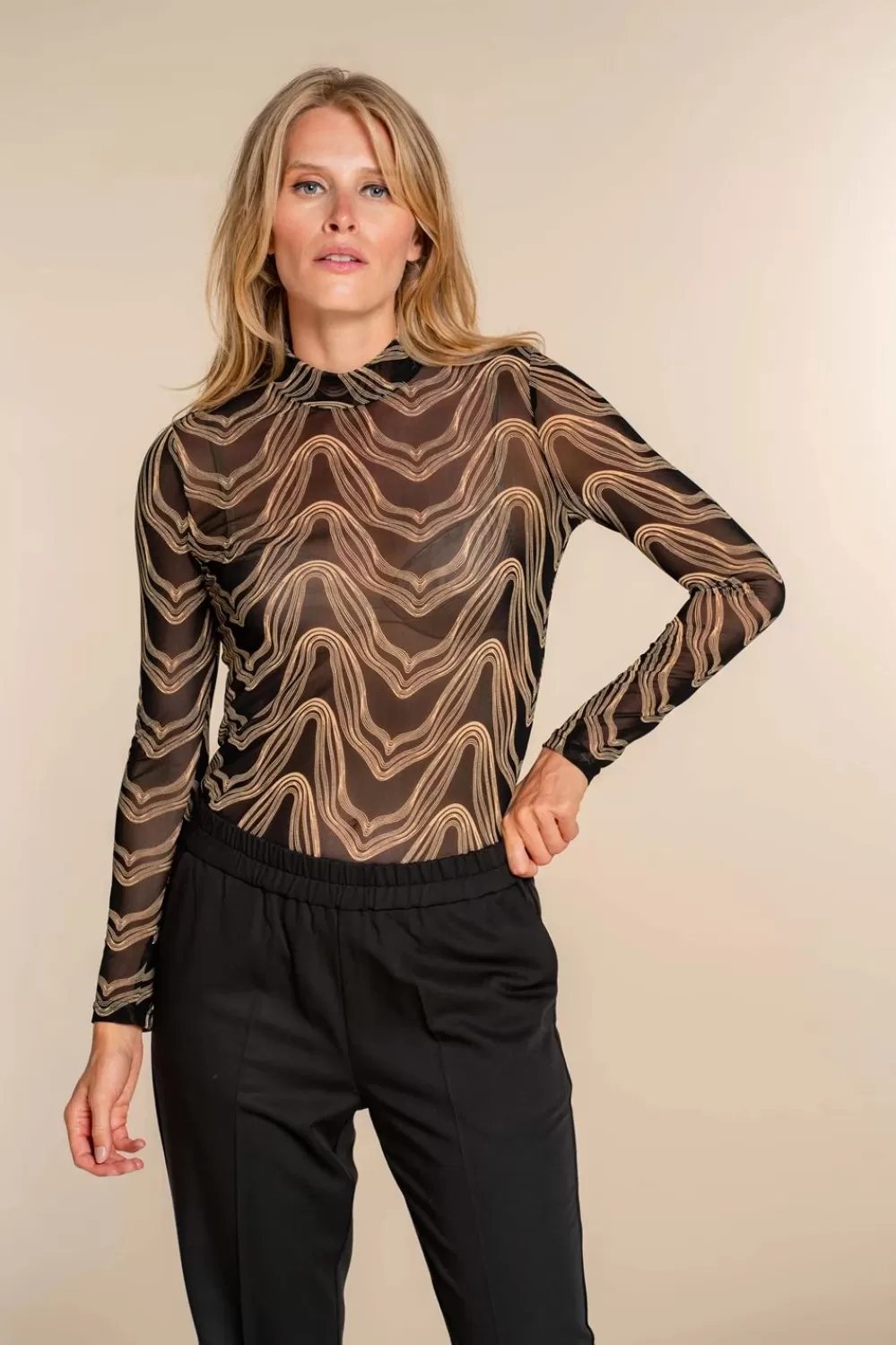 Geisha Fashion -Geisha Dames Mesh Top Met Print 32840-14 Black