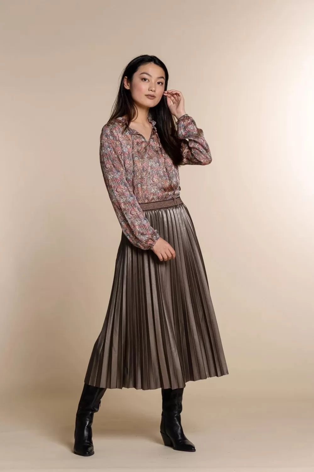 Geisha Fashion -Geisha Midi Pu Plisse Skirt Lurex 06804-10 Bronze