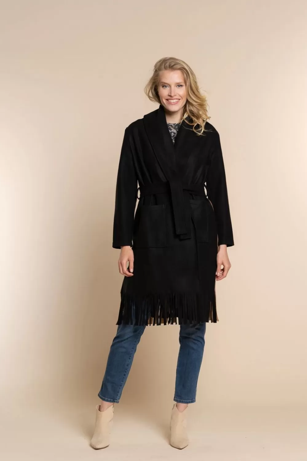 Geisha Fashion -Geisha Stylish Coat Fringes /Camel 18565-70 Black