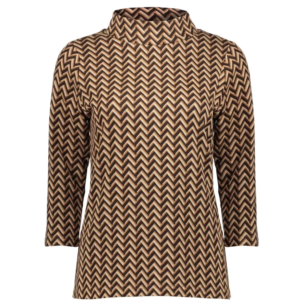 Geisha Fashion -Geisha Tricot Top Graphic Zigzag Print 22871-25 Brown