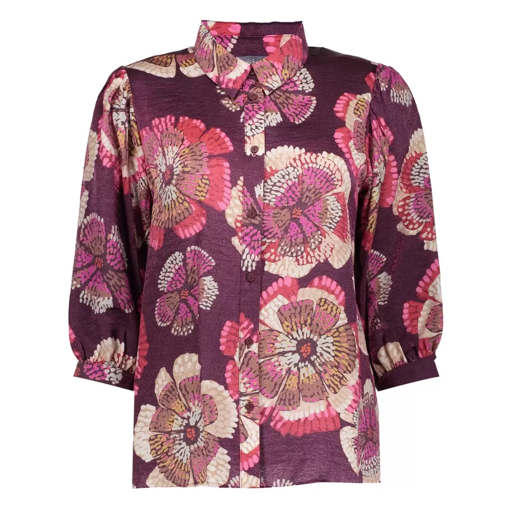 Geisha Fashion -Geisha Women Blouse With Floral Print 33648-20 Burgundy