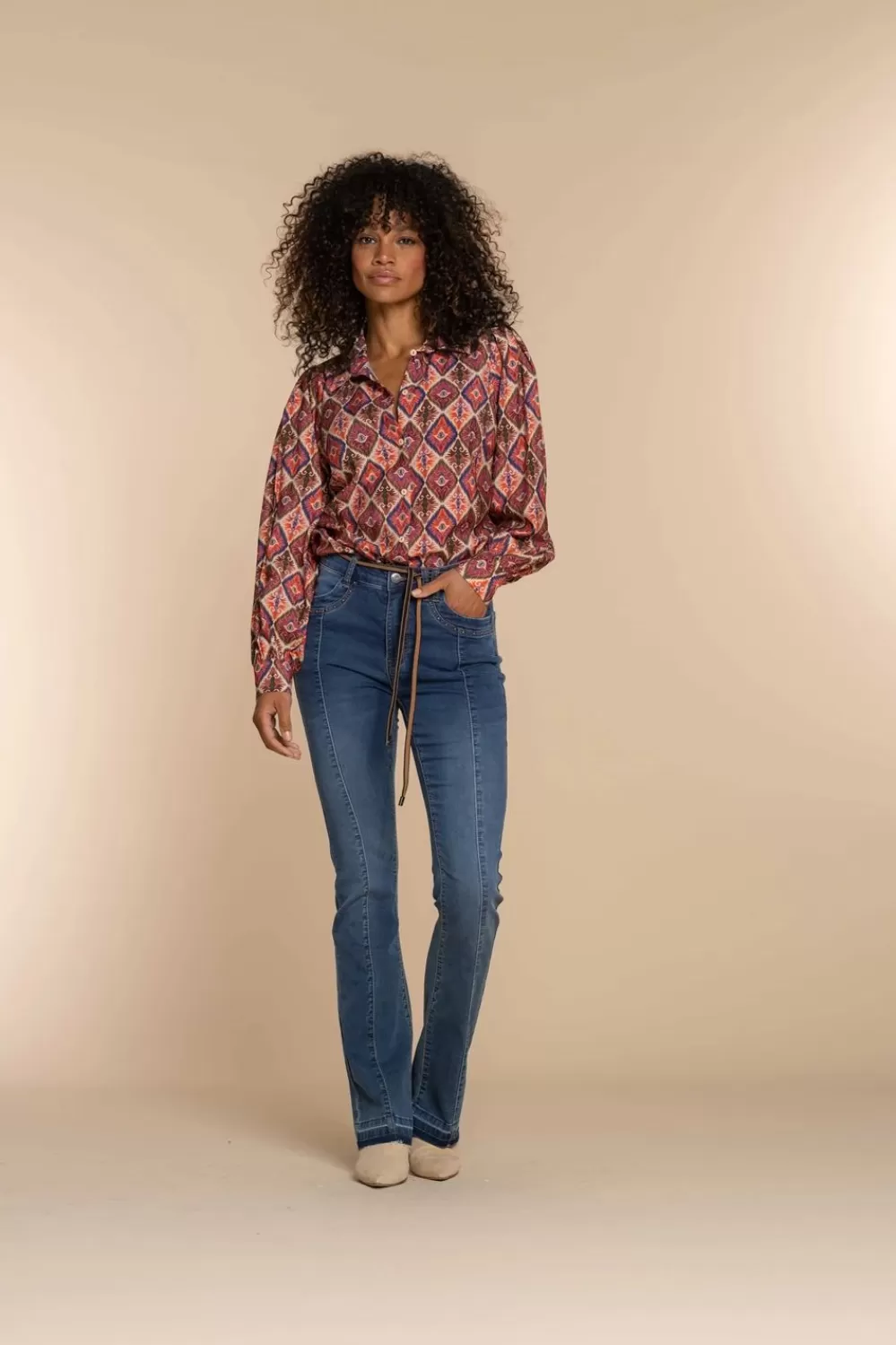 Geisha Fashion -Geisha Women Flared Jeans With Belt 31508-10 Stonewash Denim