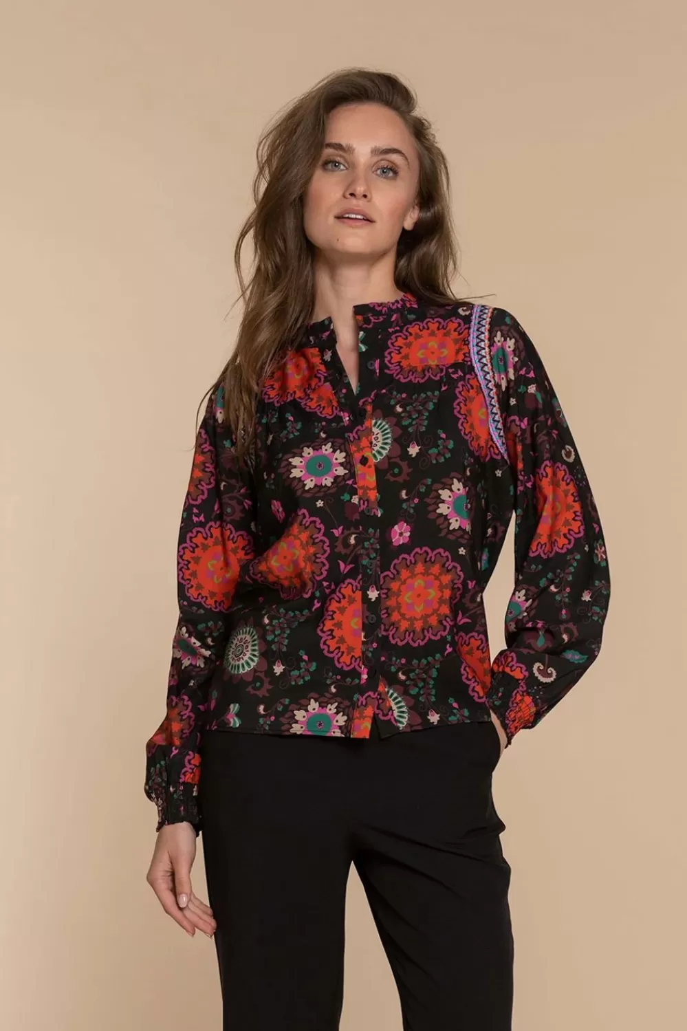 Geisha Fashion -Geisha Women Flower Print Blouse 33691-20 Black