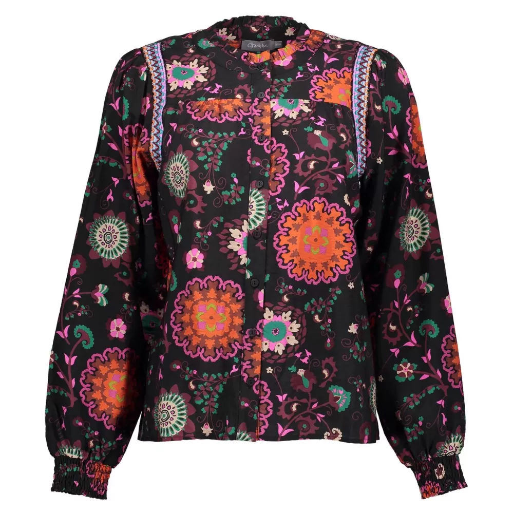 Geisha Fashion -Geisha Women Flower Print Blouse 33691-20 Black