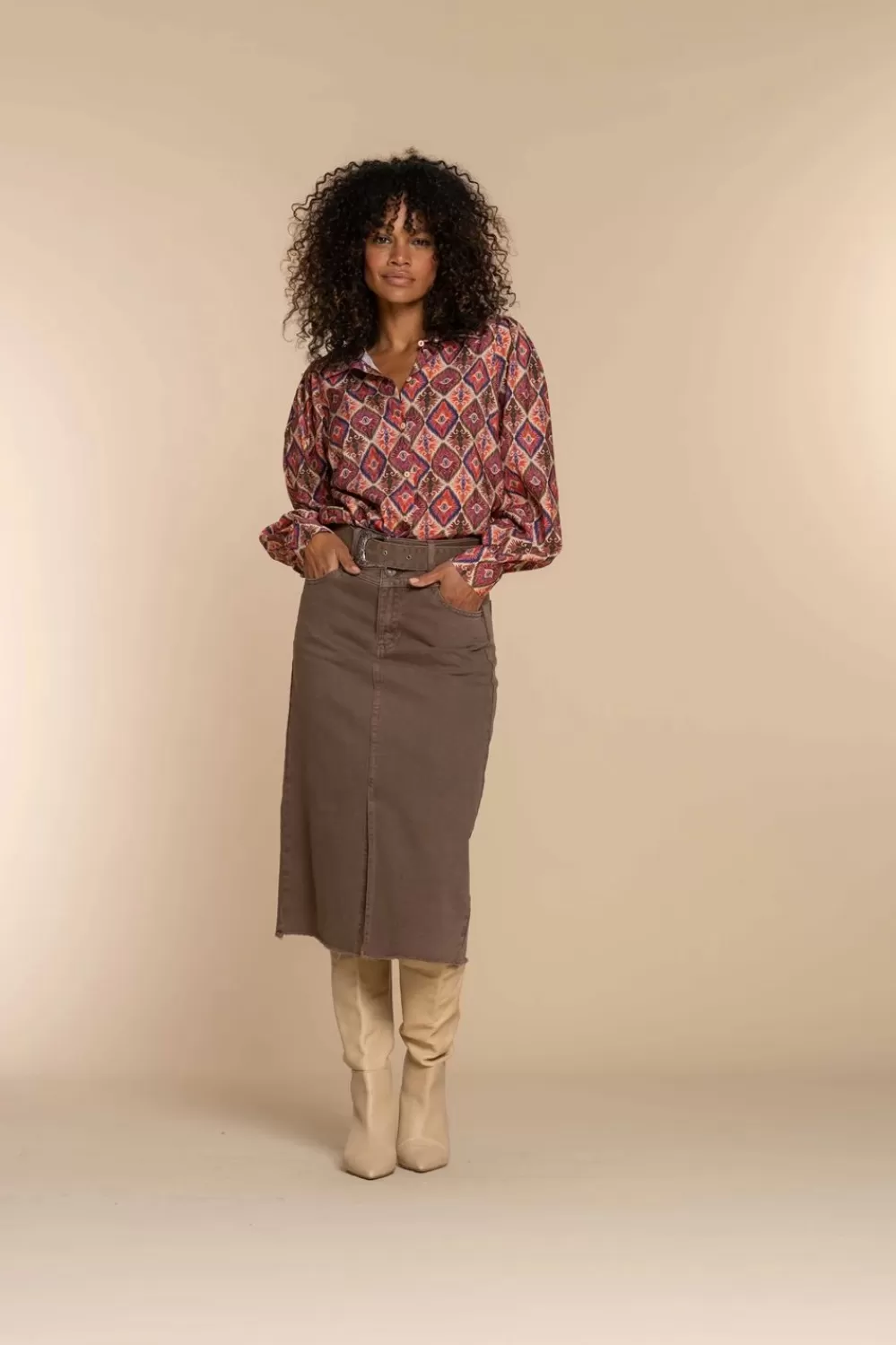 Geisha Fashion -Geisha Women Midi Denim Skirt 36506-10 Taupe