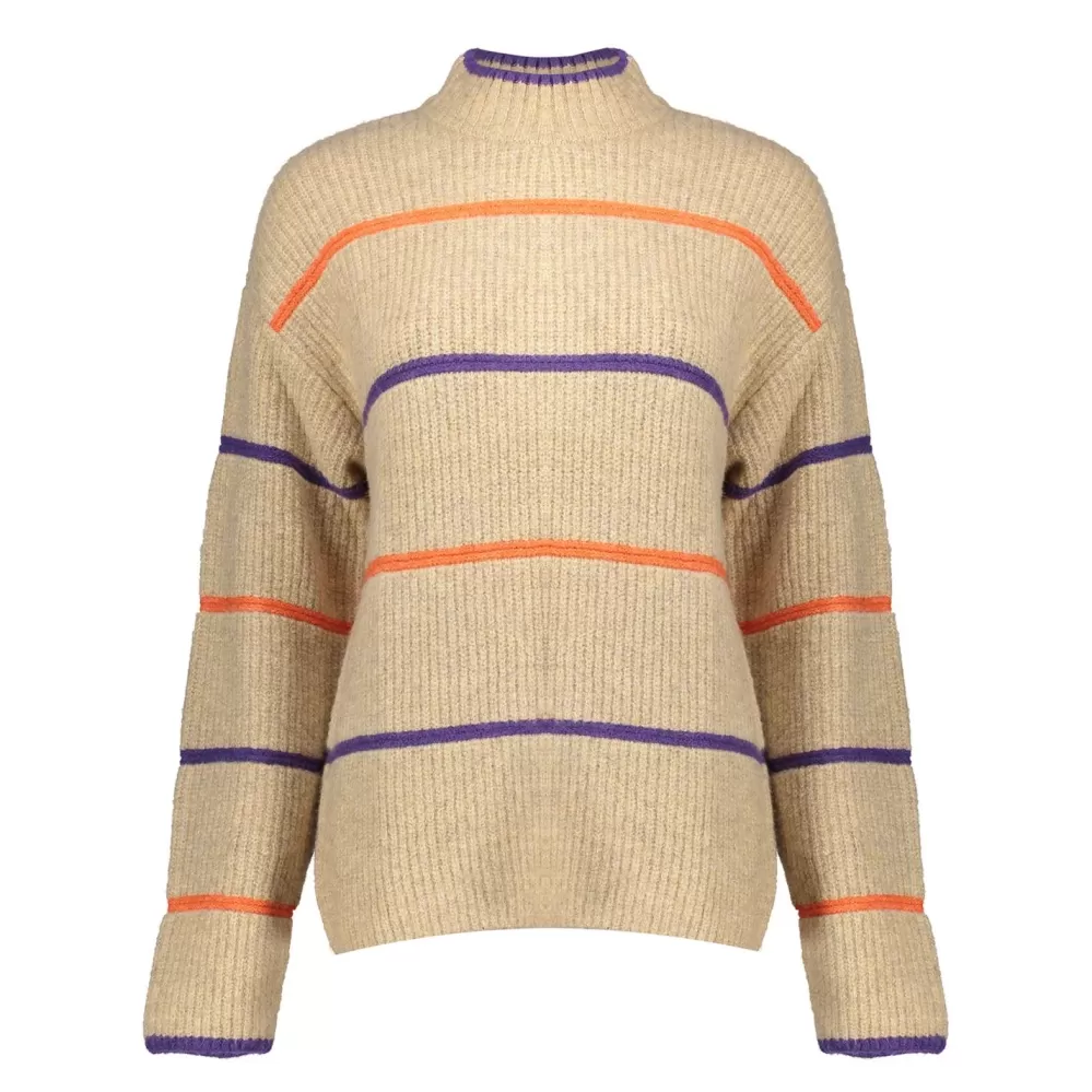 Geisha Fashion -Geisha Women Striped Pullover 34590-14 Sand