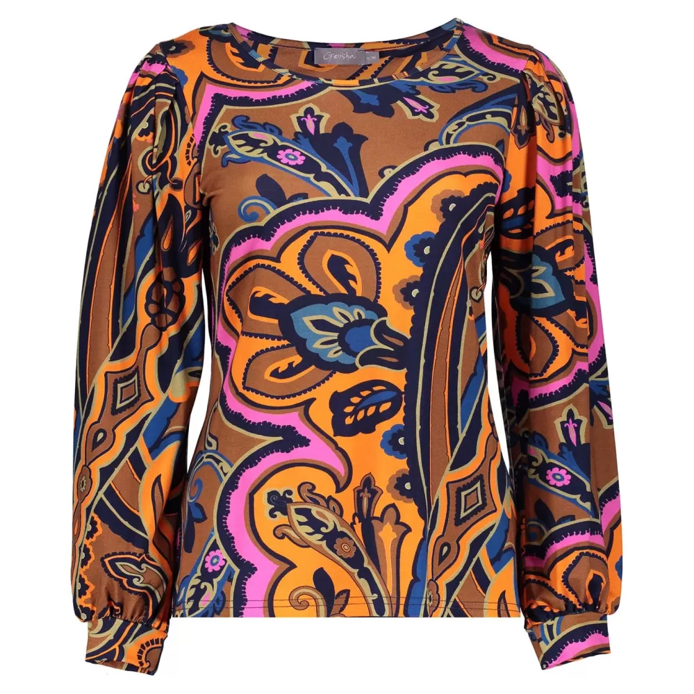 Geisha Fashion -Geisha Women Top With Paisley Print 32651-20 Orange