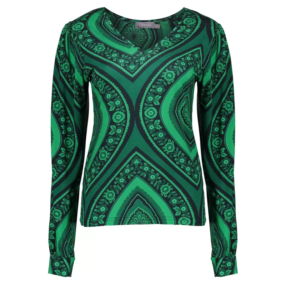 Geisha Fashion -Geisha Women V-Neckline Top With Print 32648-20 Green